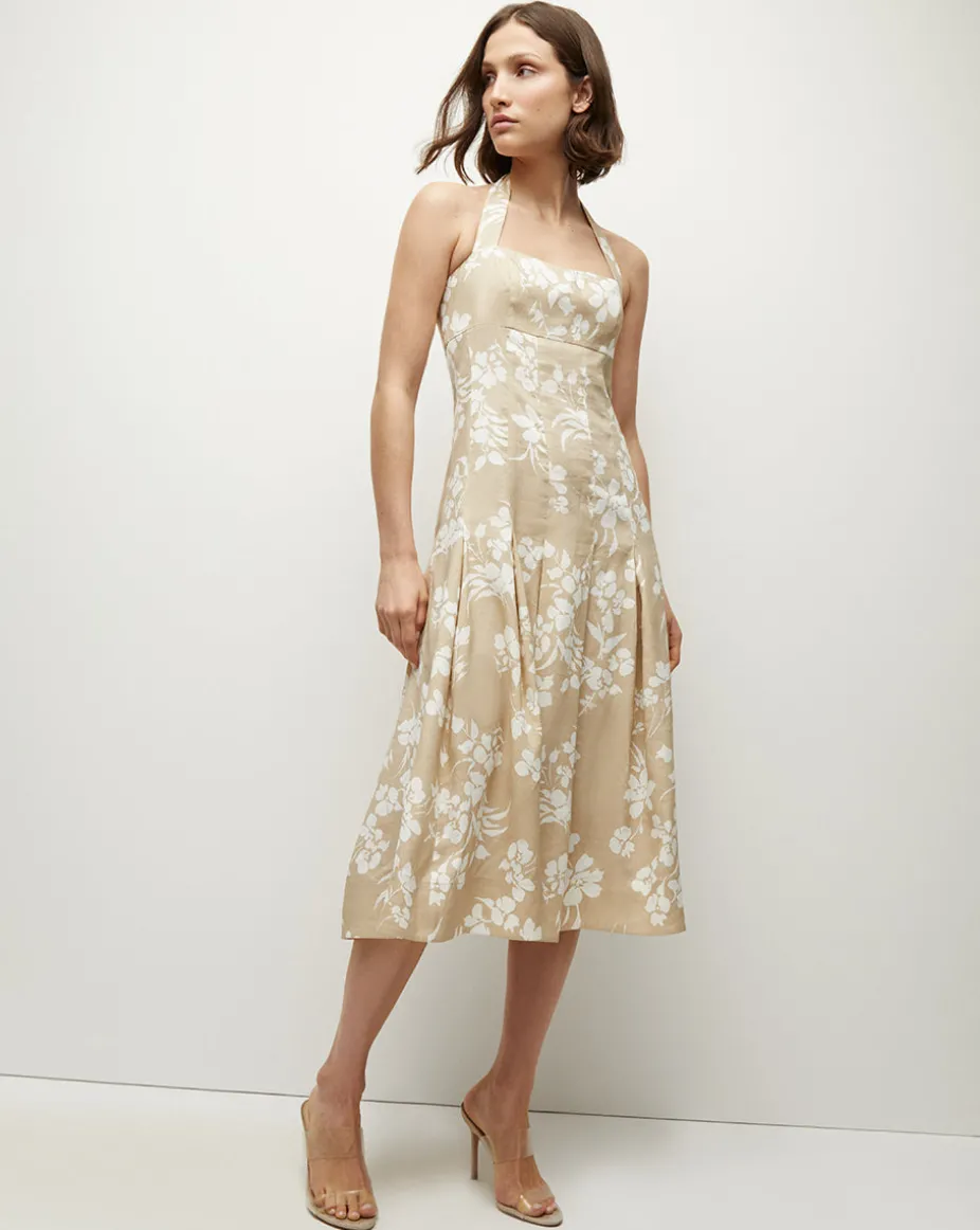 Amalia Stretch-Linen Dress in Stone Khaki/Off-White