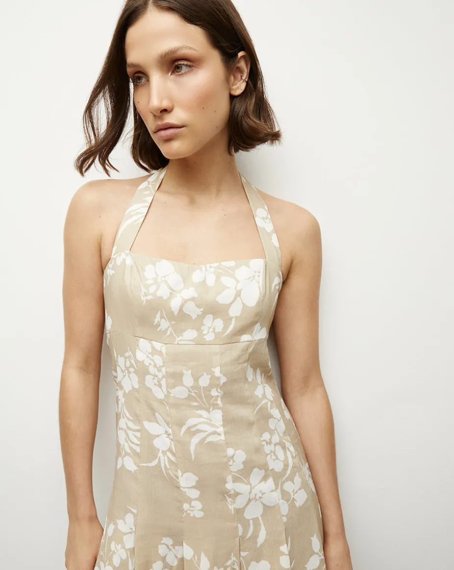 Amalia Stretch-Linen Dress in Stone Khaki/Off-White