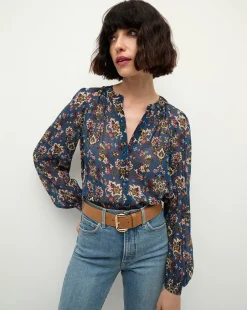 Ashlynn Silk Blouse in Blue Print