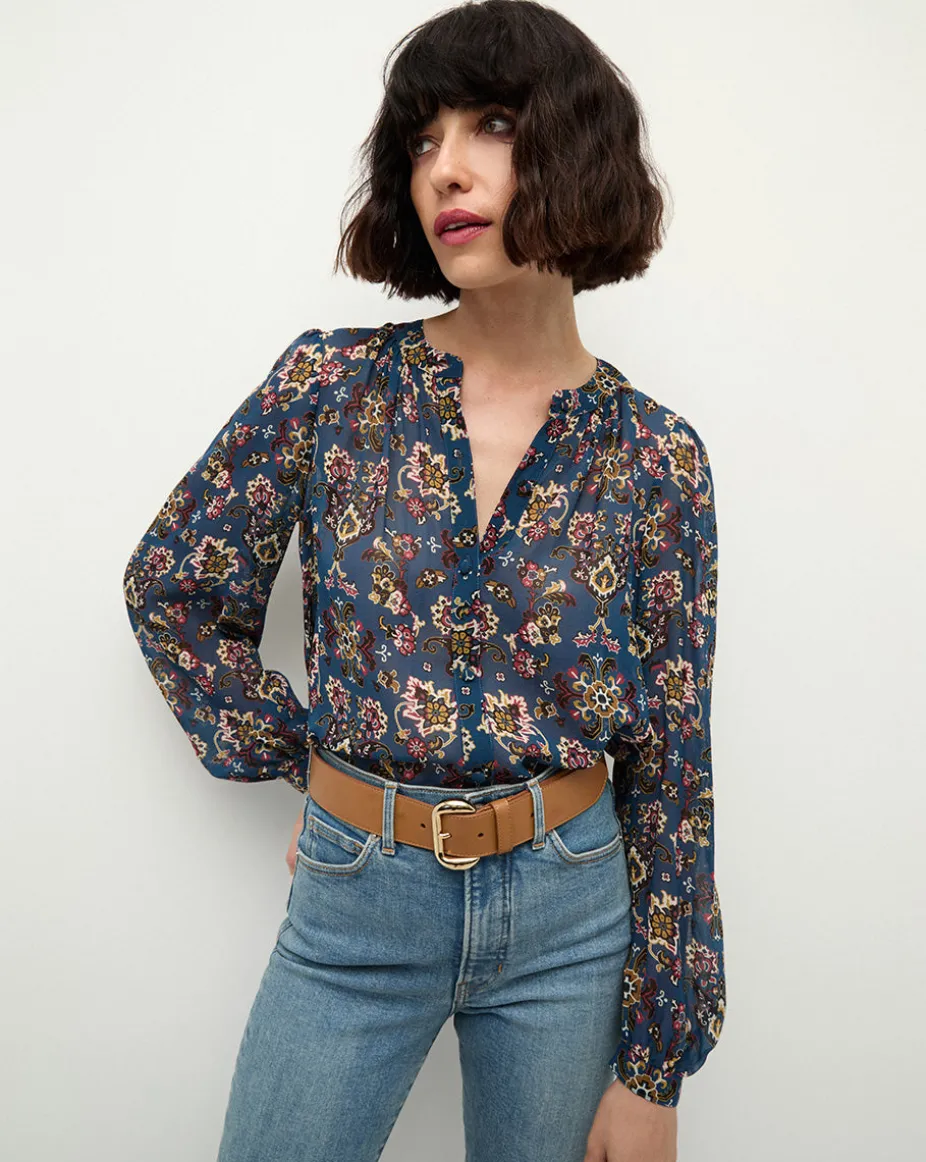 Ashlynn Silk Blouse in Blue Print