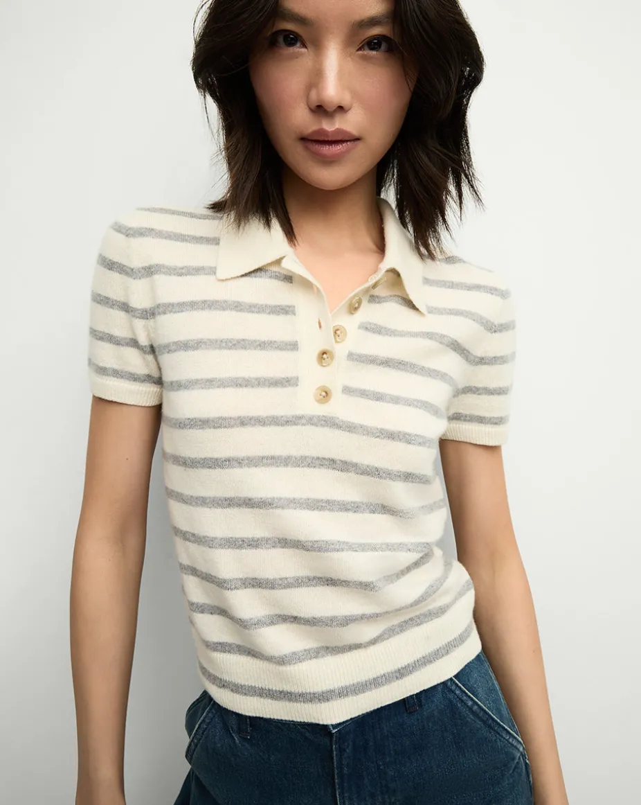 Brandt Striped Cashmere Polo in Ivory/Heather Grey