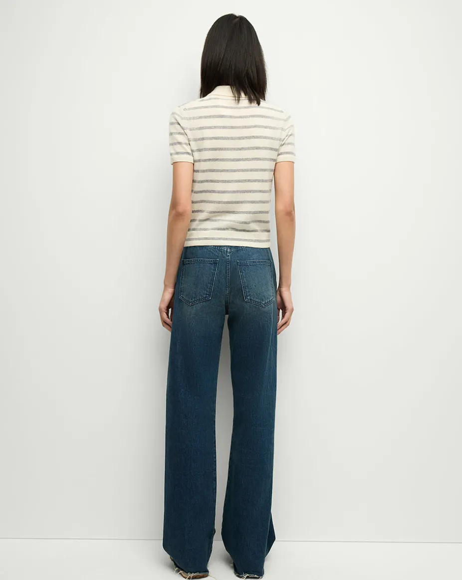 Brandt Striped Cashmere Polo in Ivory/Heather Grey