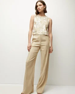 Clarendon Stretch-Linen Top in Stone Khaki/Off-White