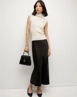 Clover Stretch Silk Midi Skirt in Black