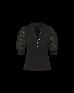 Coralee Eyelet Puff-Sleeve Tee in Black