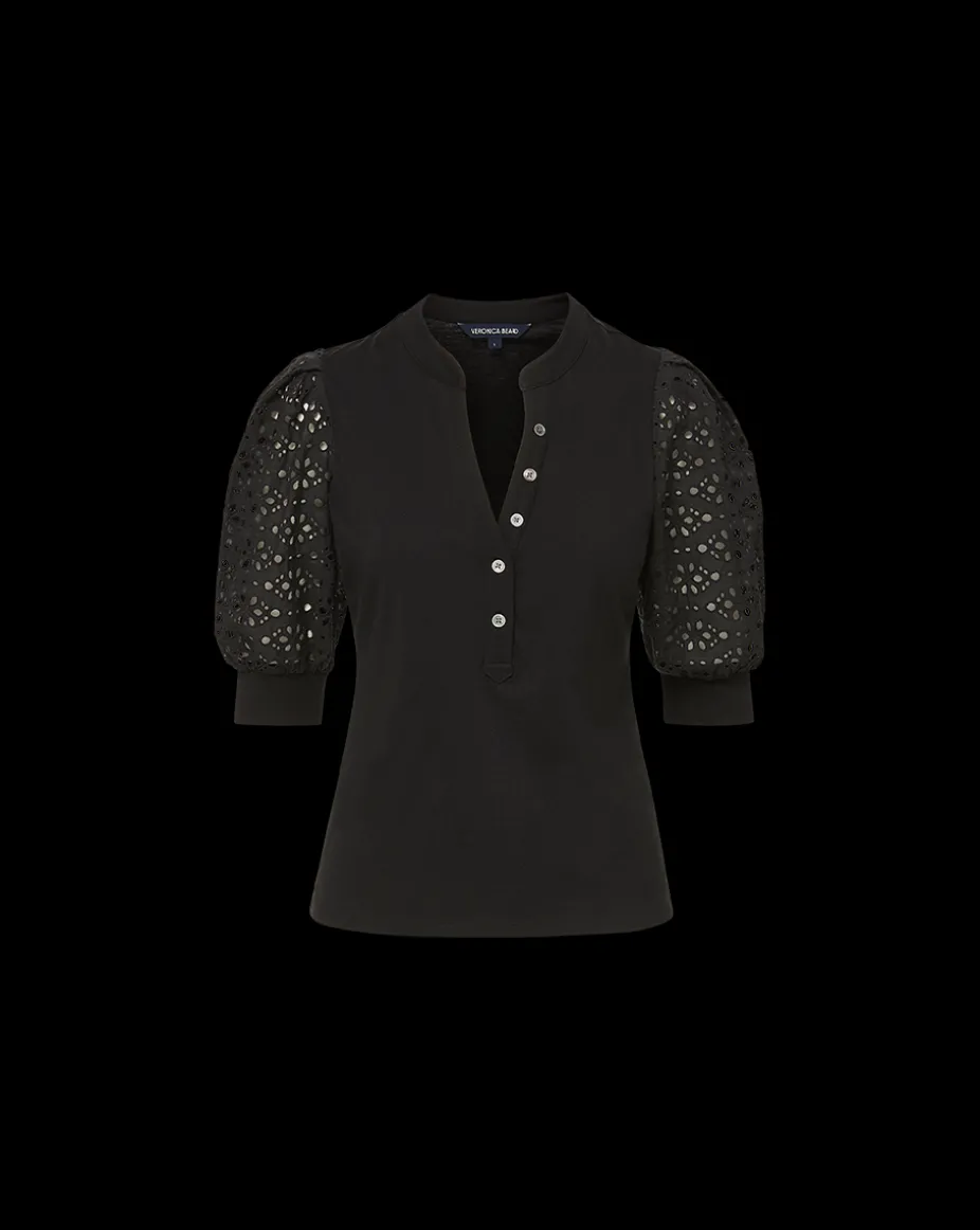 Coralee Eyelet Puff-Sleeve Tee in Black