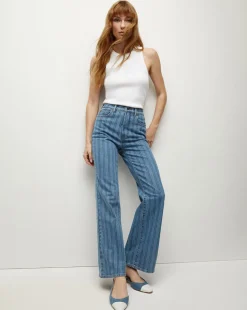Crosbie Striped Loafer Length Wide-Leg Jean in Sapphire Stripe
