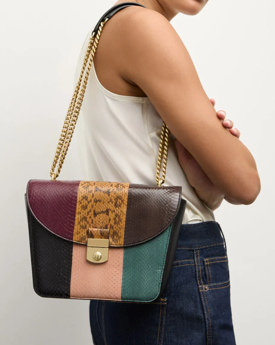 Double Link Patchwork Flap Bag in Cognac Multi