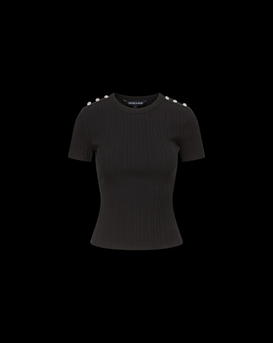 Draya Rhinestone Button Tee in Black