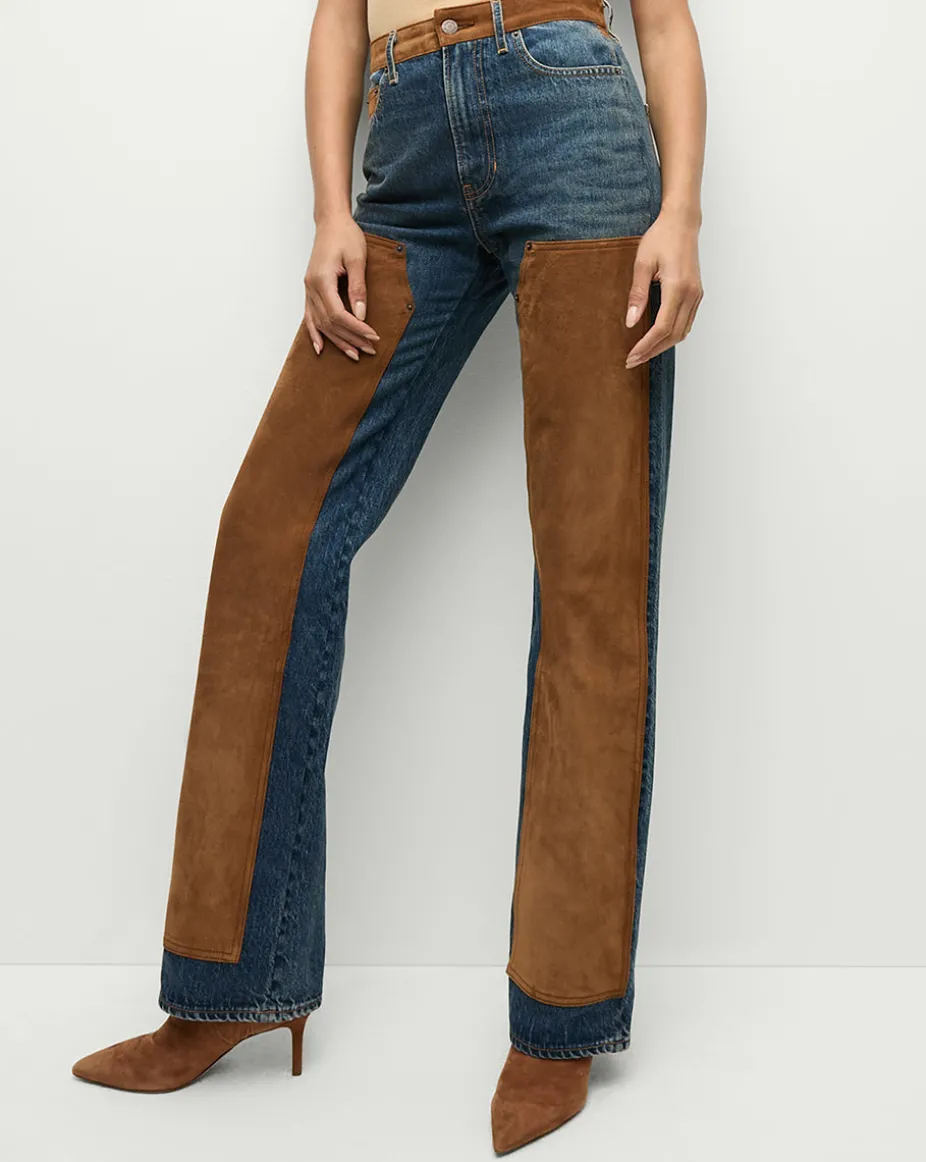 Dylan Suede-Patchwork Straight-Leg Jean in Equinox Blue