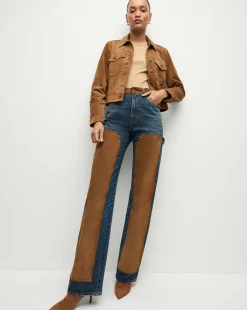 Dylan Suede-Patchwork Straight-Leg Jean in Equinox Blue