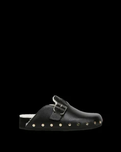 Fern Shearling Clog in Black Leather
