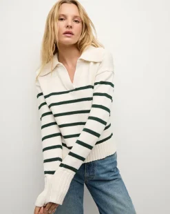 Jovie Striped V Neck Sweater in Ivory & Green