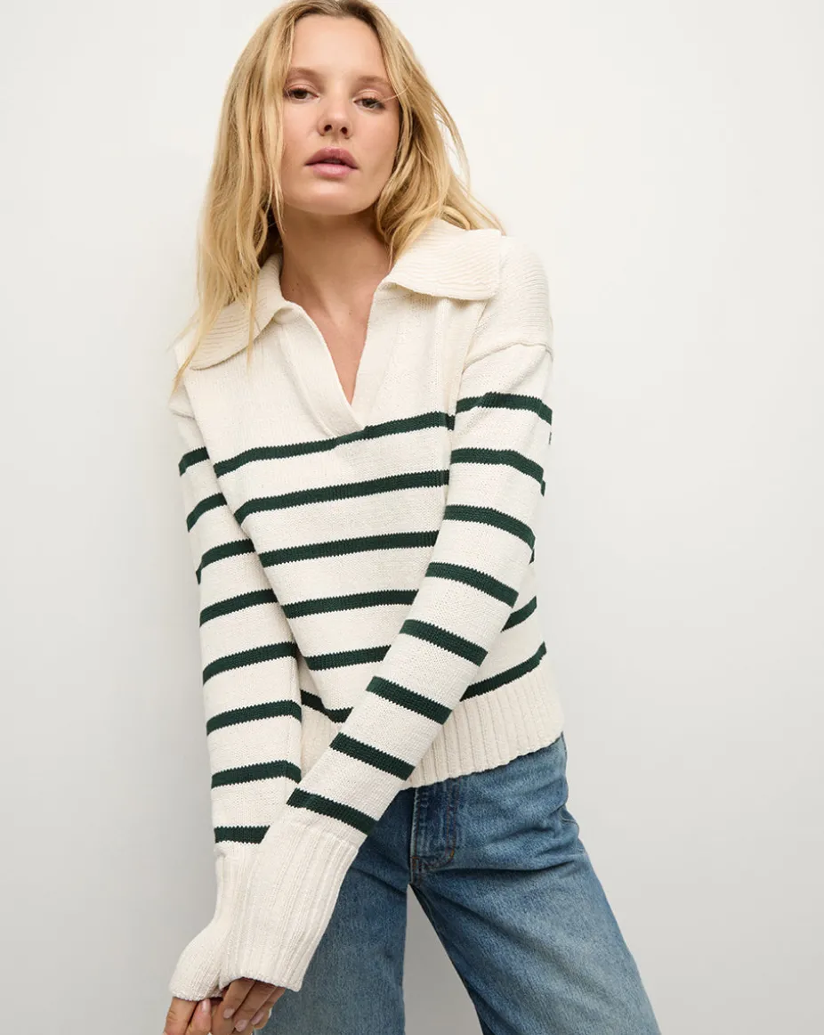 Jovie Striped V Neck Sweater in Ivory & Green