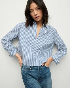 Khai Cropped Tunic Top in Blue/White Stripe