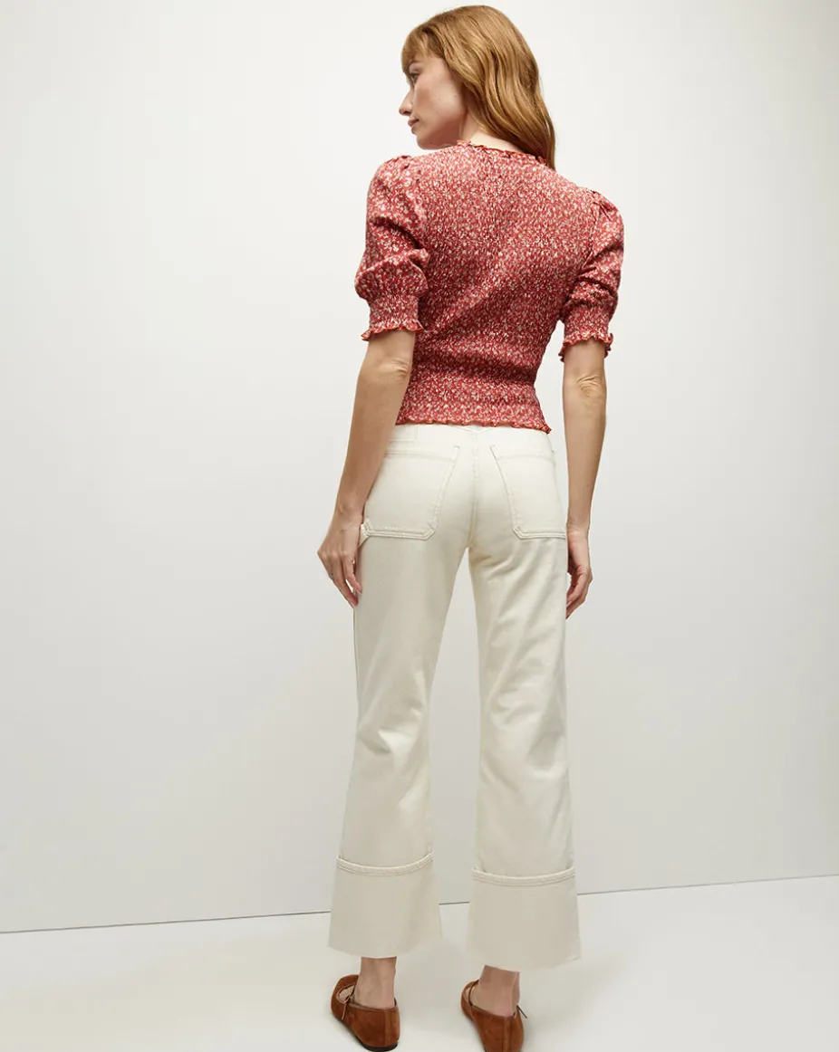 Langston Smocked Top in Brick Red/White