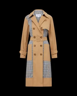 Liam Patchwork Trench Coat in Khaki/Black