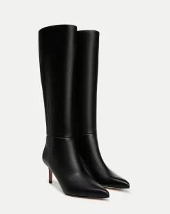 Lisa Leather Mid-Heel Tall Boot in Black