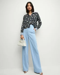 Maia Floral Silk Double-Collar Shirt in Navy Multi