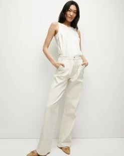 Mia Ecru Mid-Rise, Pleated Wide-Leg Jean
