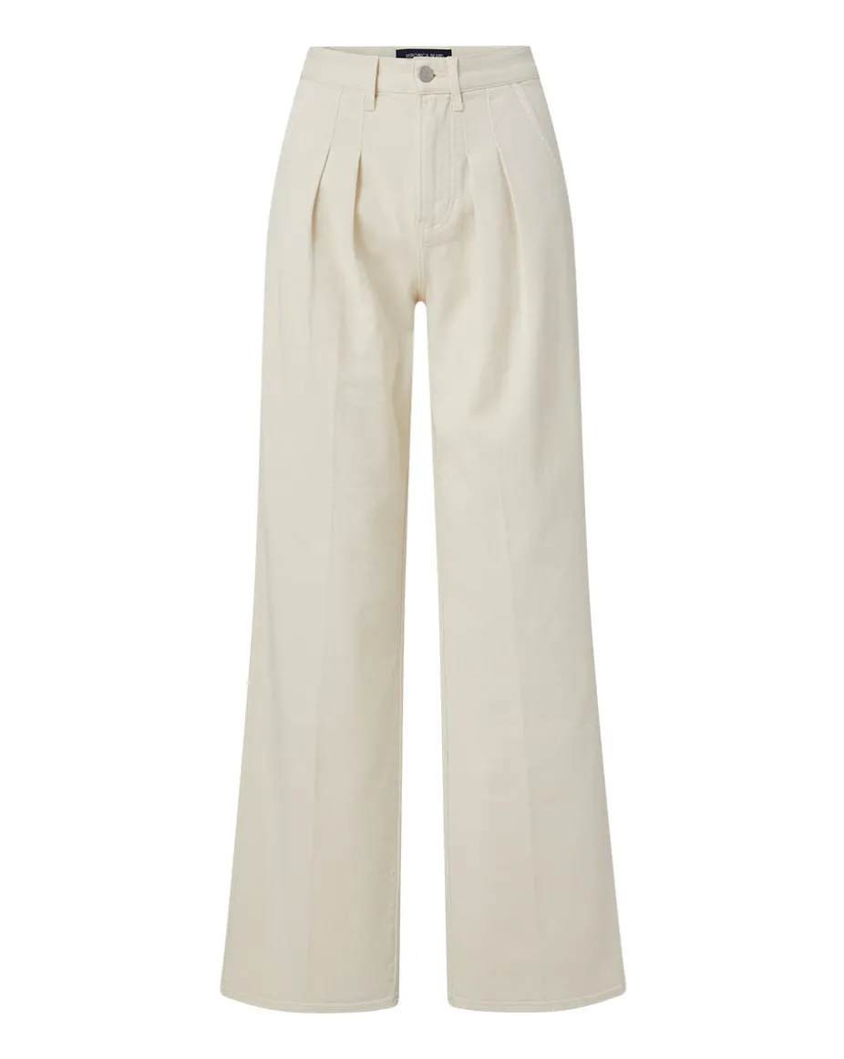 Mia Ecru Mid-Rise, Pleated Wide-Leg Jean