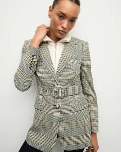 Ryanne Belted Plaid Dickey Jacket in Ecru/Green Multi