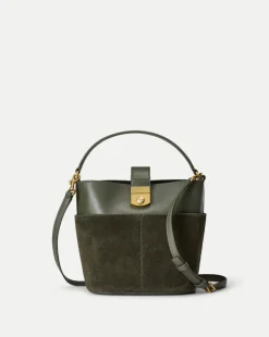 Small Crest Lock Suede Bucket Bag in Pine
