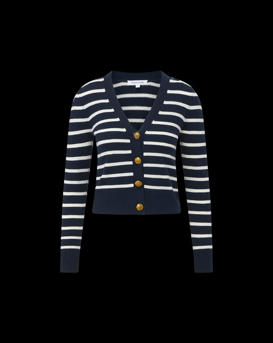 Solene Cashmere Striped Cardigan in Navy