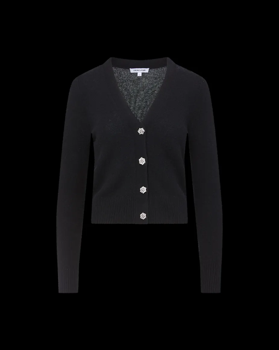 Solene Rhinestone-Button Cashmere Cardigan in Black