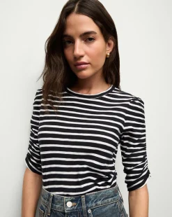Waldorf Ruched-Sleeve Tee in Navy/White