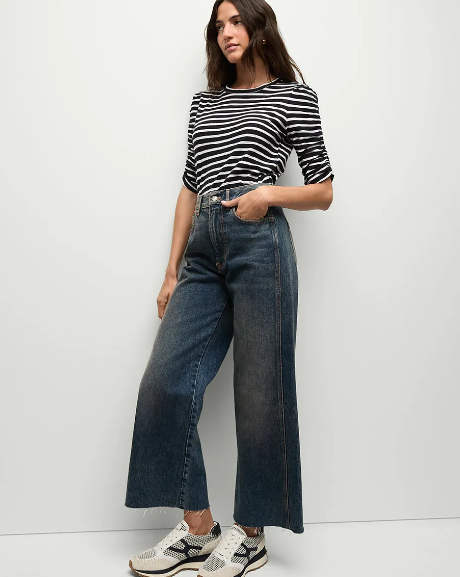 Waldorf Ruched-Sleeve Tee in Navy/White